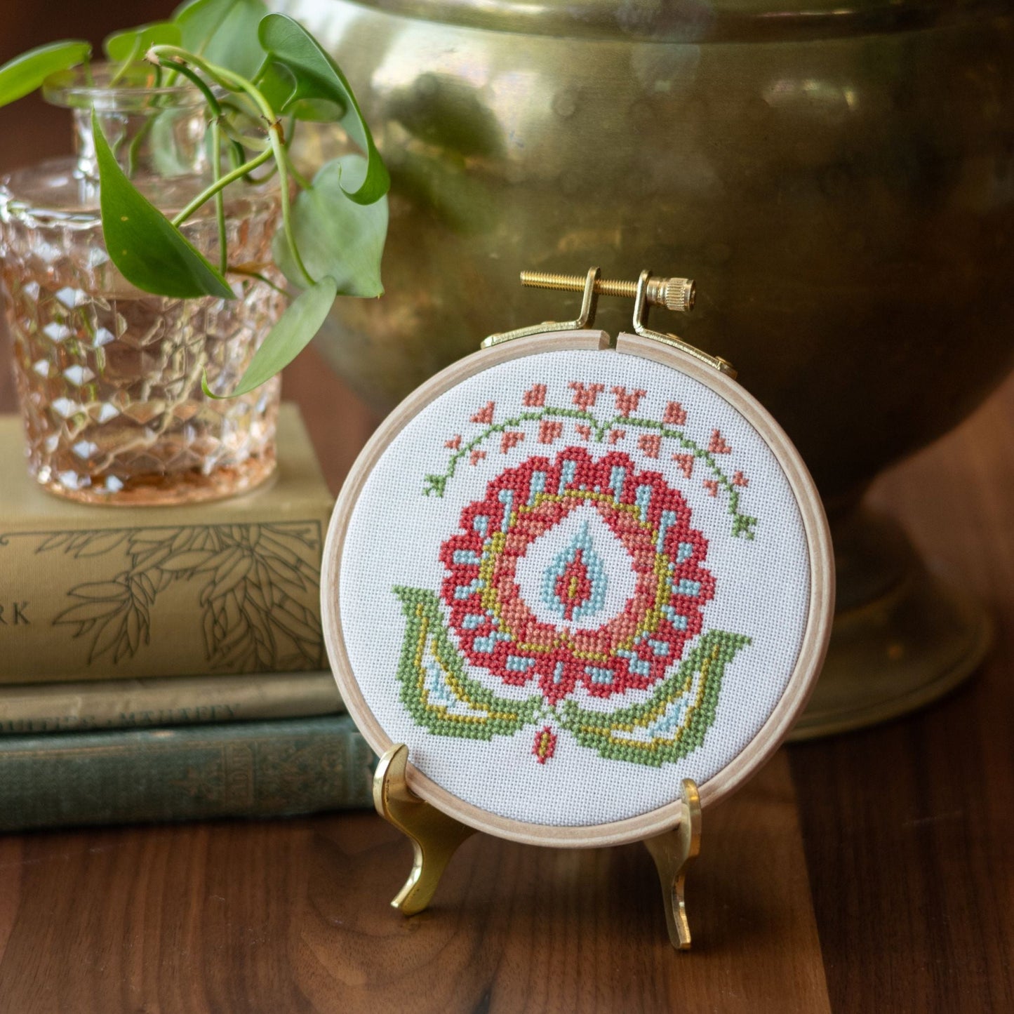 "NEW! Santorini Peony cross stitch hoop kit, 4 inch