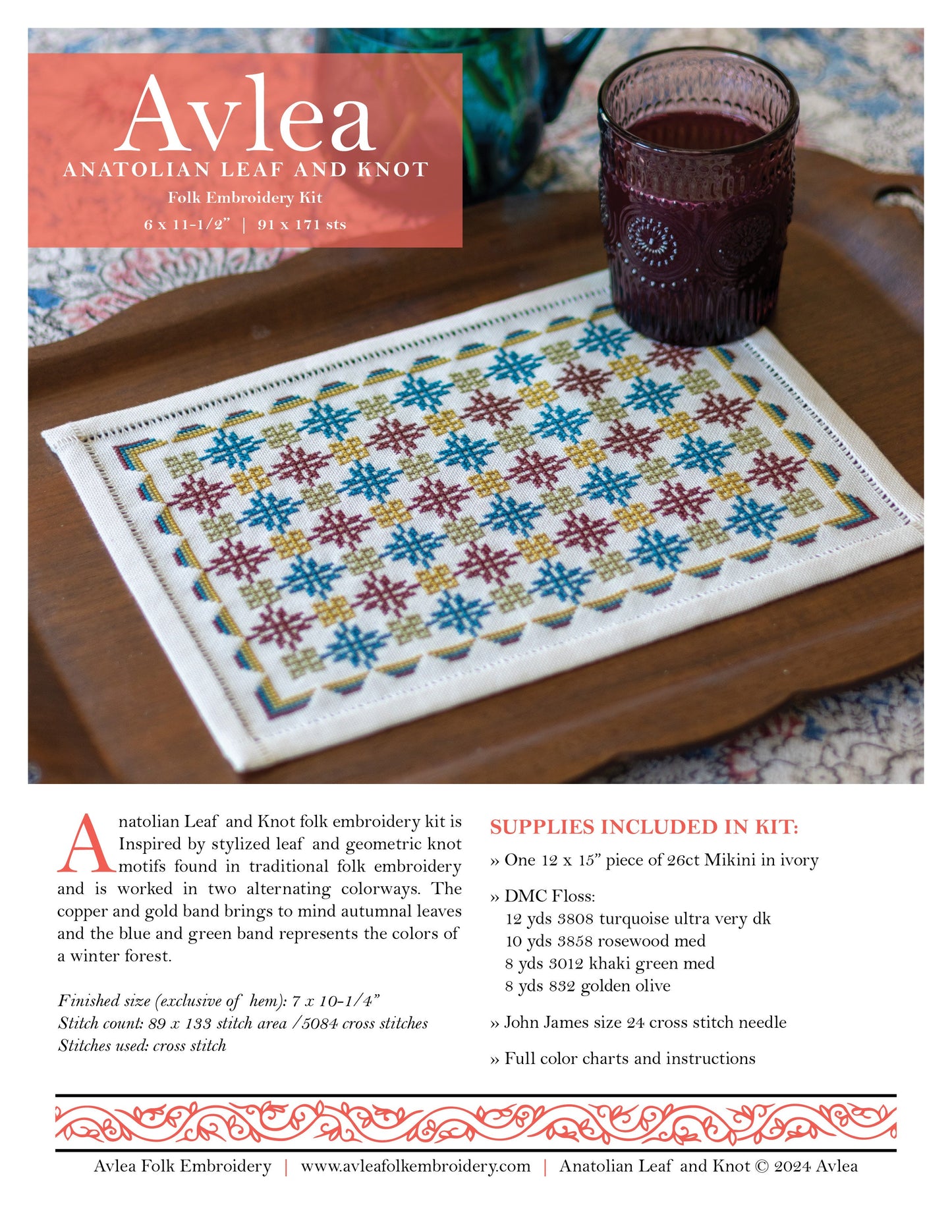 Anatolian Leaf and Knot cross stitch folk embroidery kit