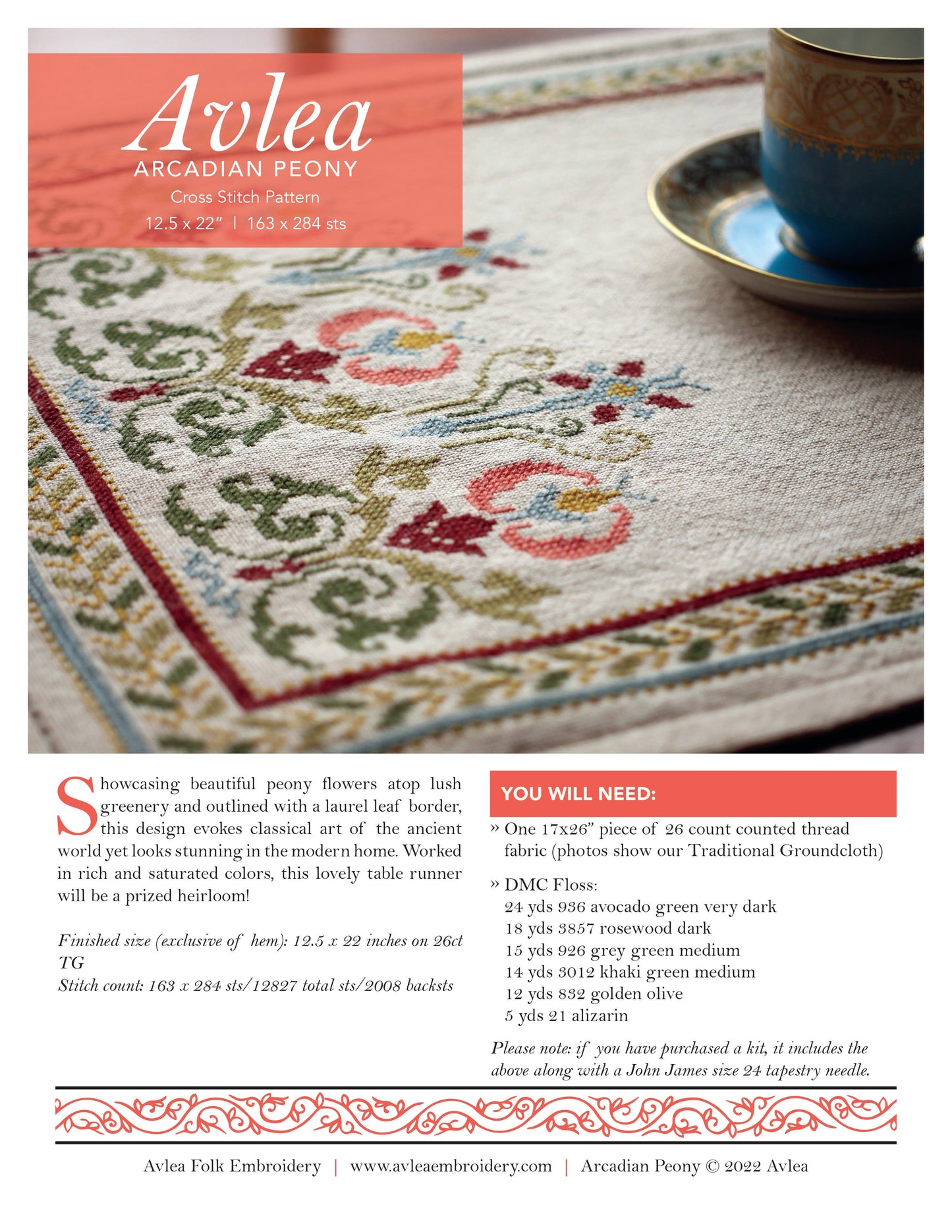 Arcadian Peony cross stitch folk embroidery kit