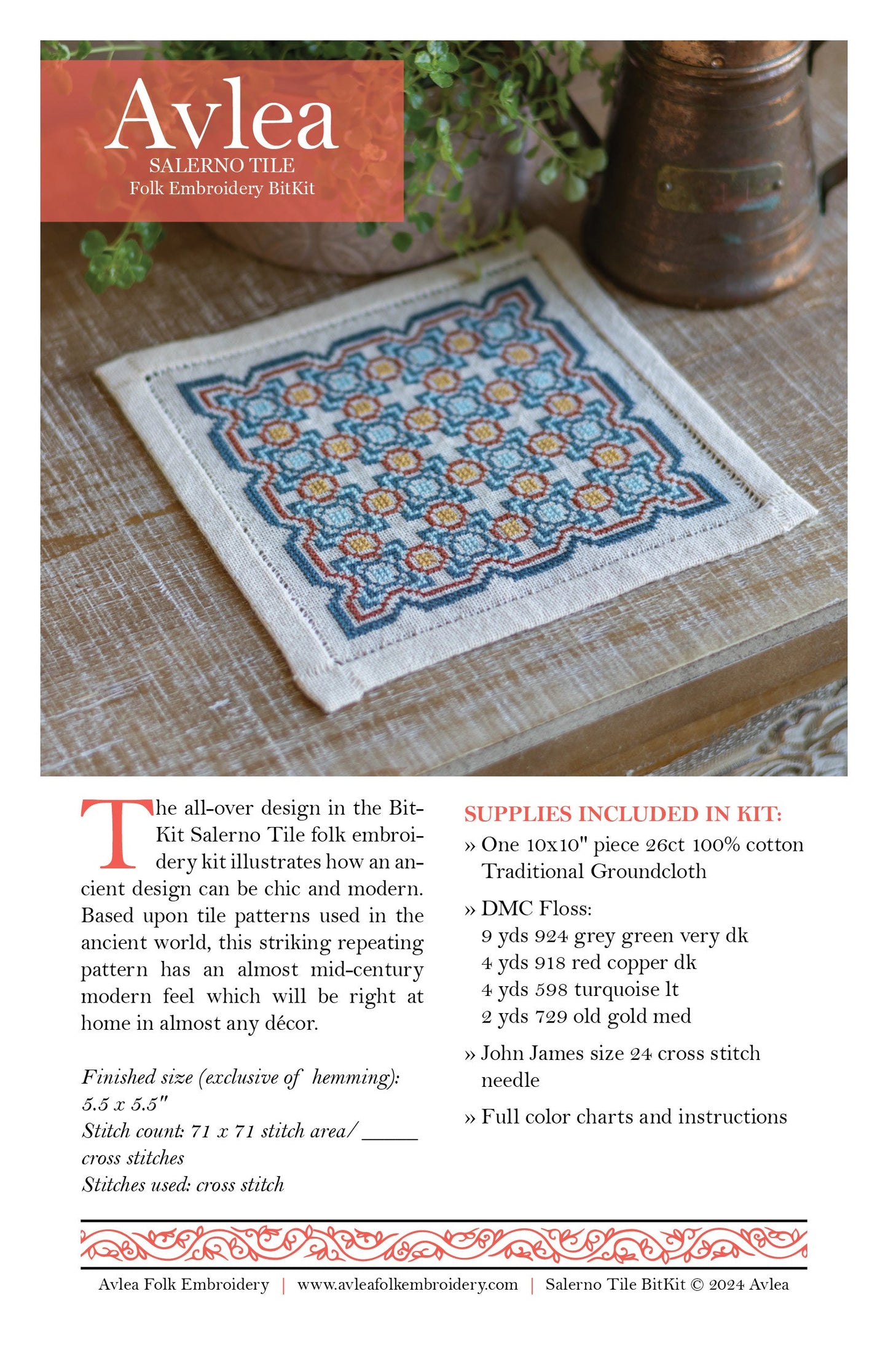 BitKit Salerno Tile cross stitch folk embroidery kit