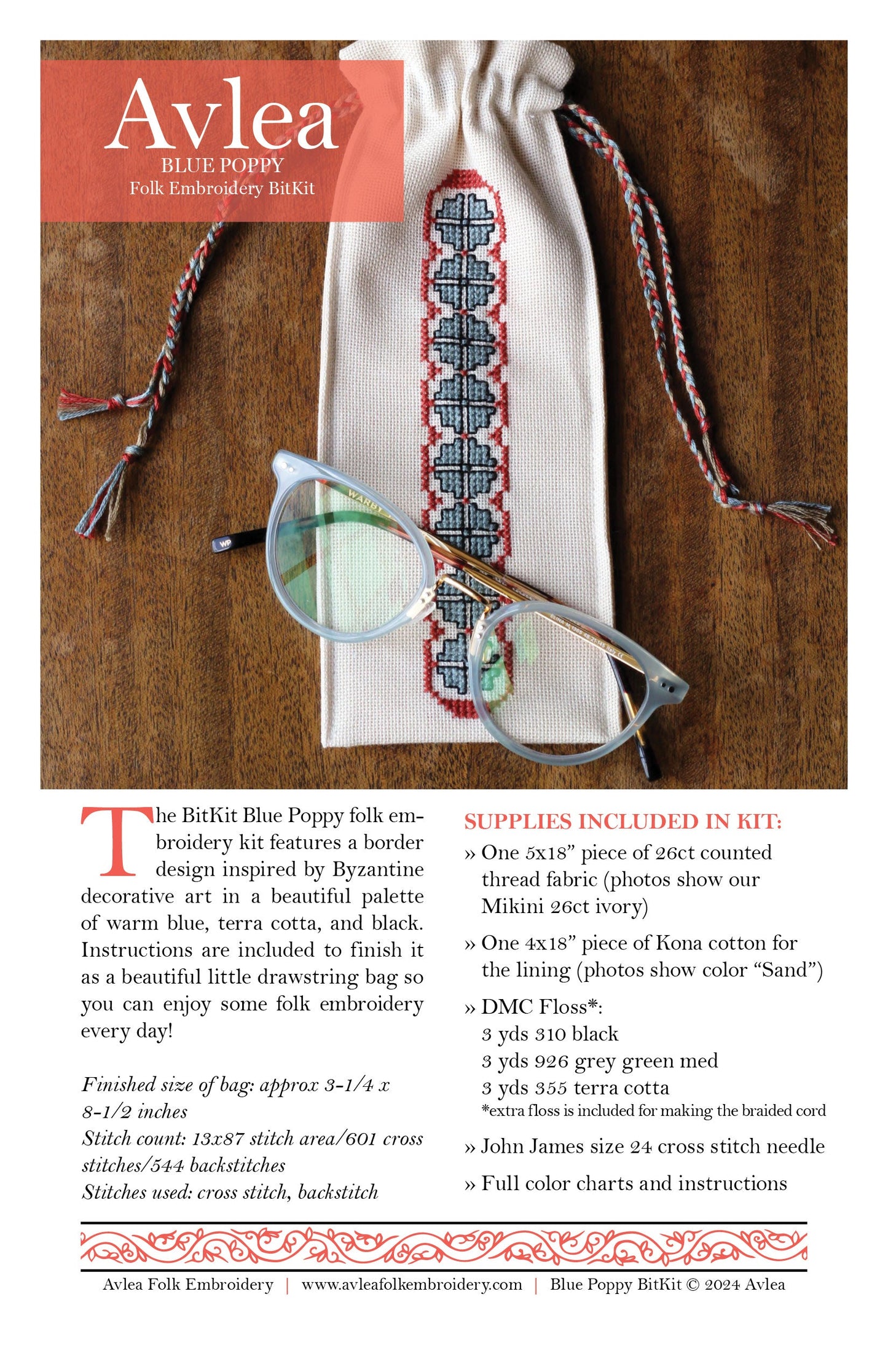 BitKit Blue Poppy cross stitch folk embroidery kit