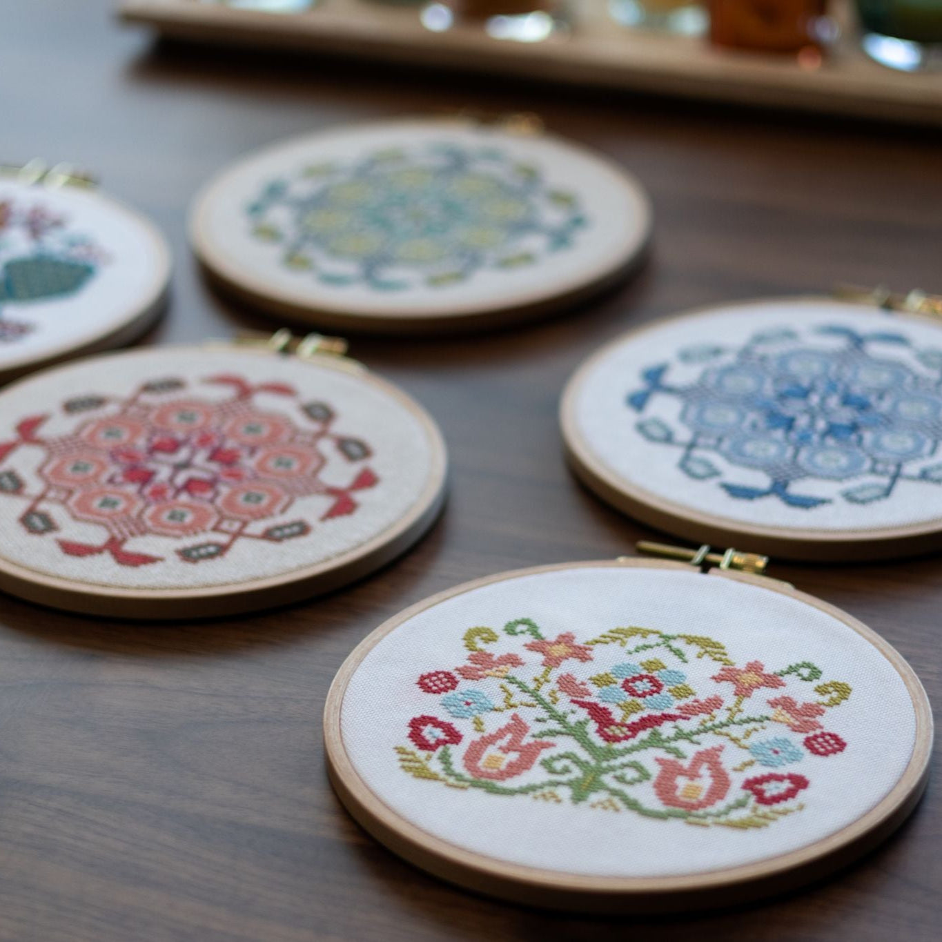 Mediterranean Medallion cross stitch hoop kit in three colors!