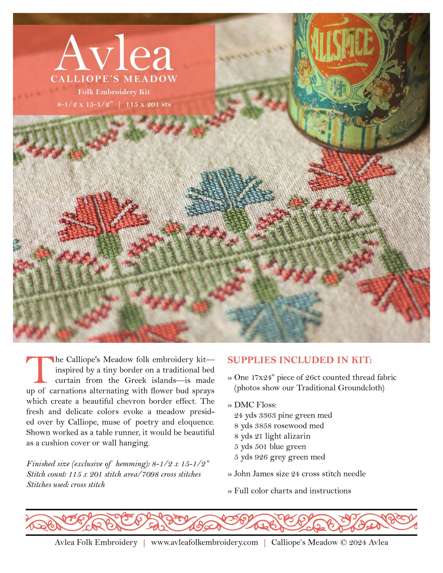 Calliope's Meadow cross stitch folk embroidery kit