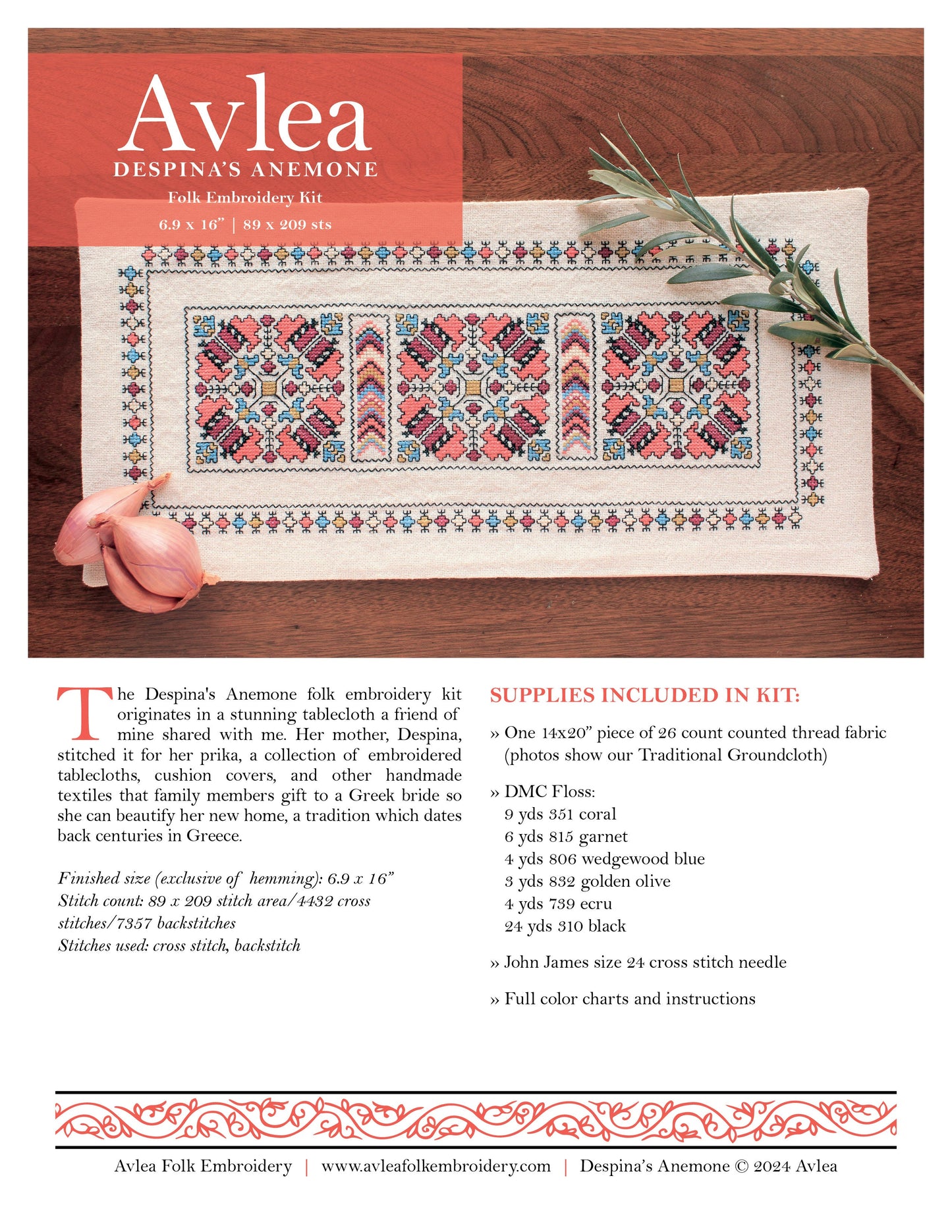 Despina's Anemone cross stitch folk embroidery kit