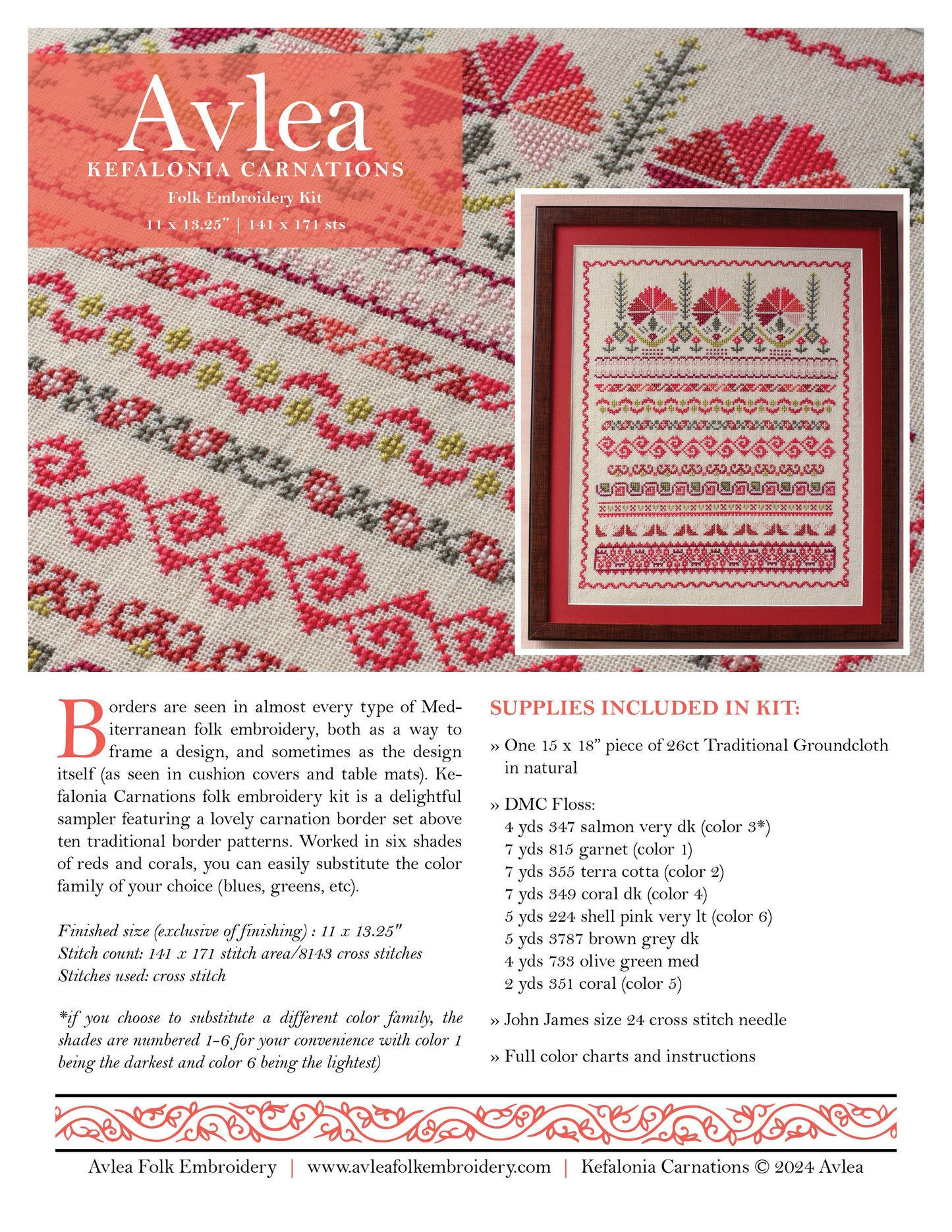 Kefalonia Carnations cross stitch folk embroidery kit