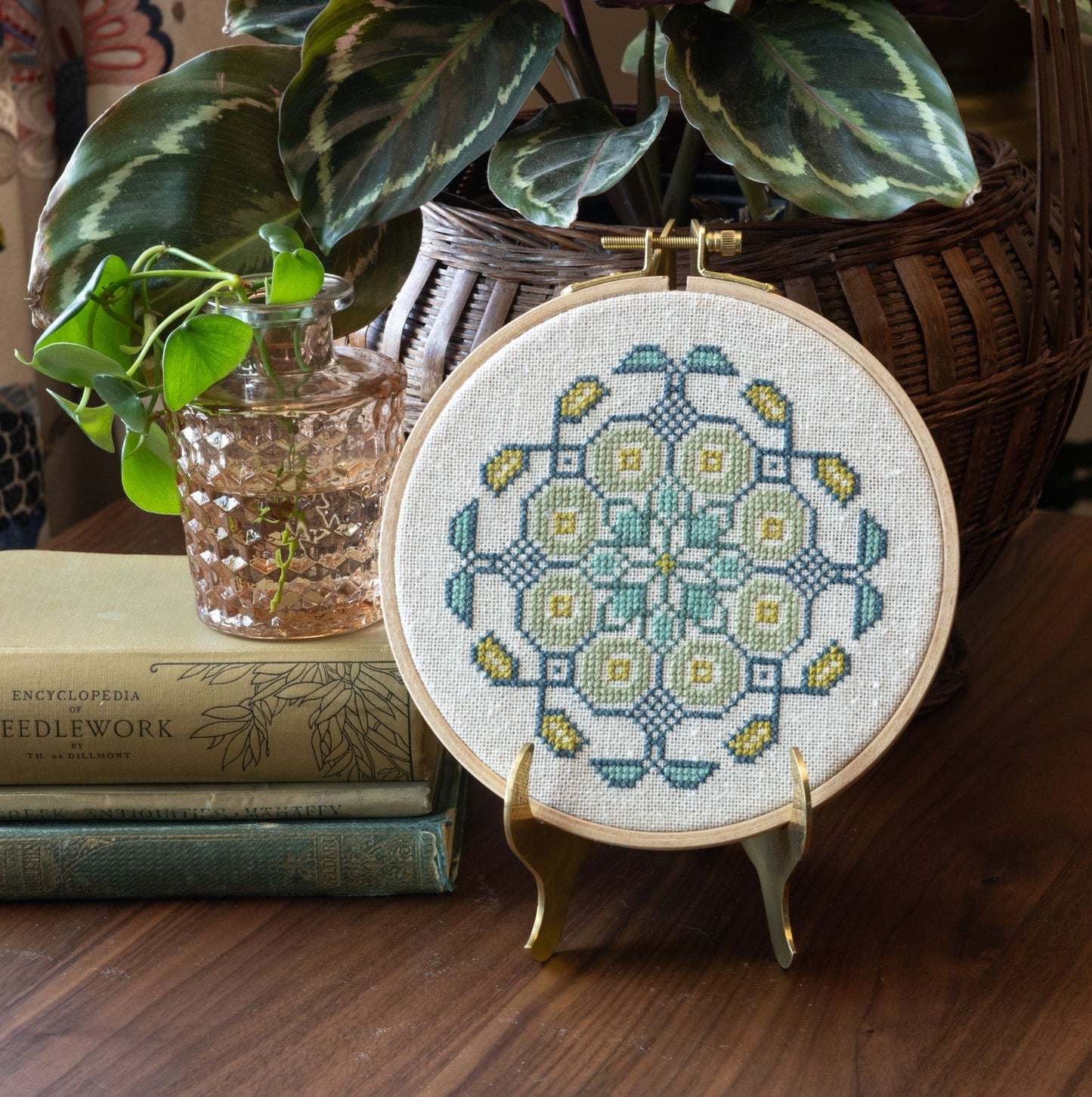 Mediterranean Medallion cross stitch hoop kit in three colors!