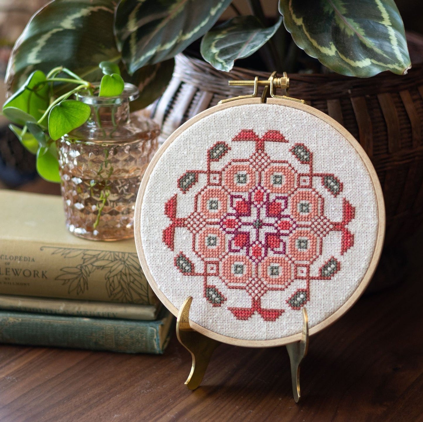 Mediterranean Medallion cross stitch hoop kit in three colors!