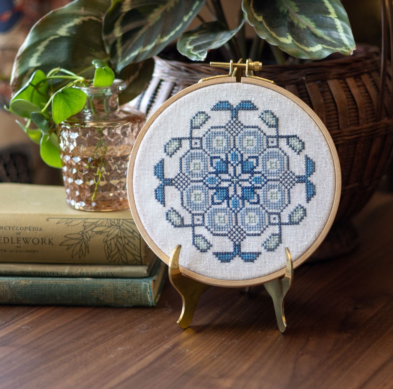 Mediterranean Medallion cross stitch hoop kit in three colors!