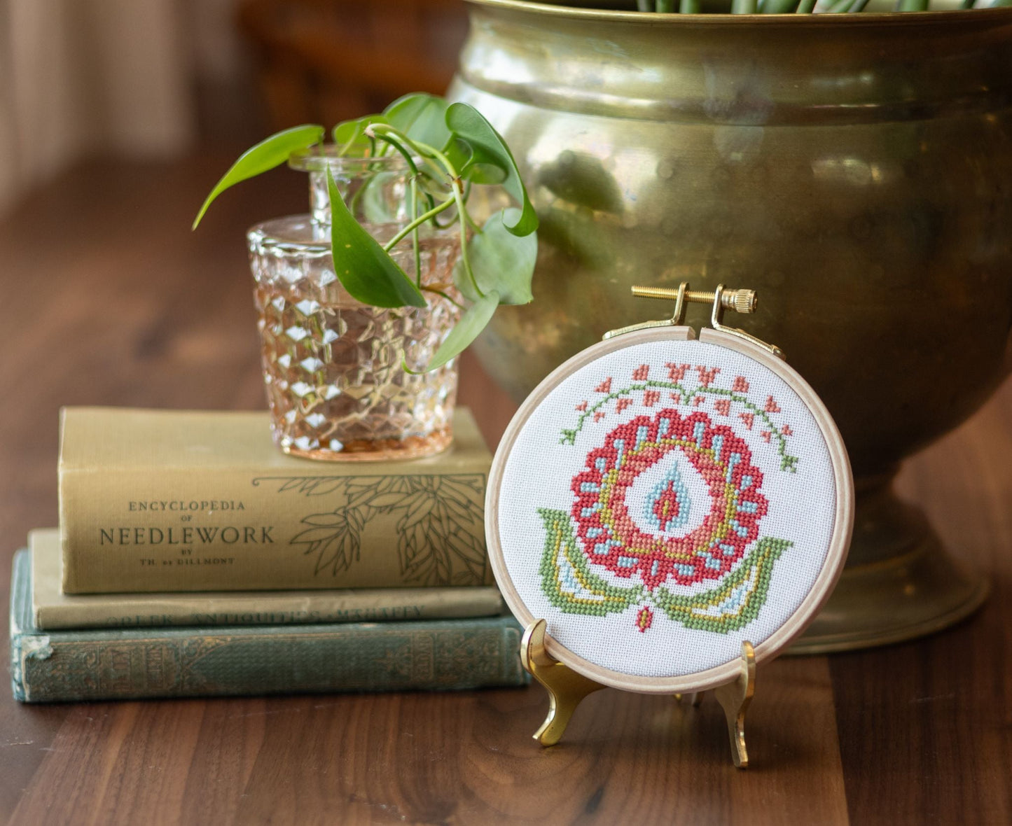"NEW! Santorini Peony cross stitch hoop kit, 4 inch