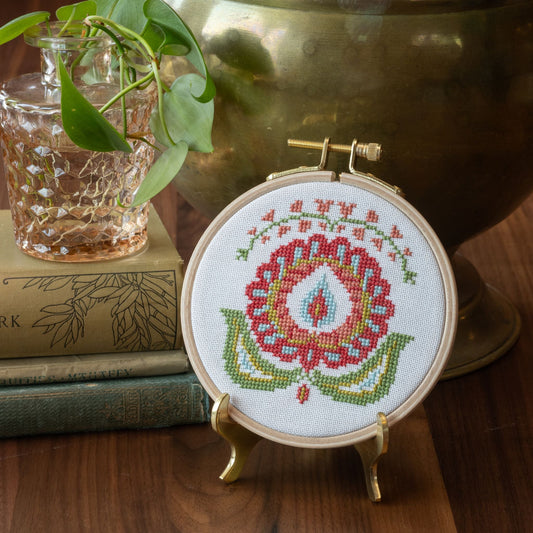 "NEW! Santorini Peony cross stitch hoop kit, 4 inch