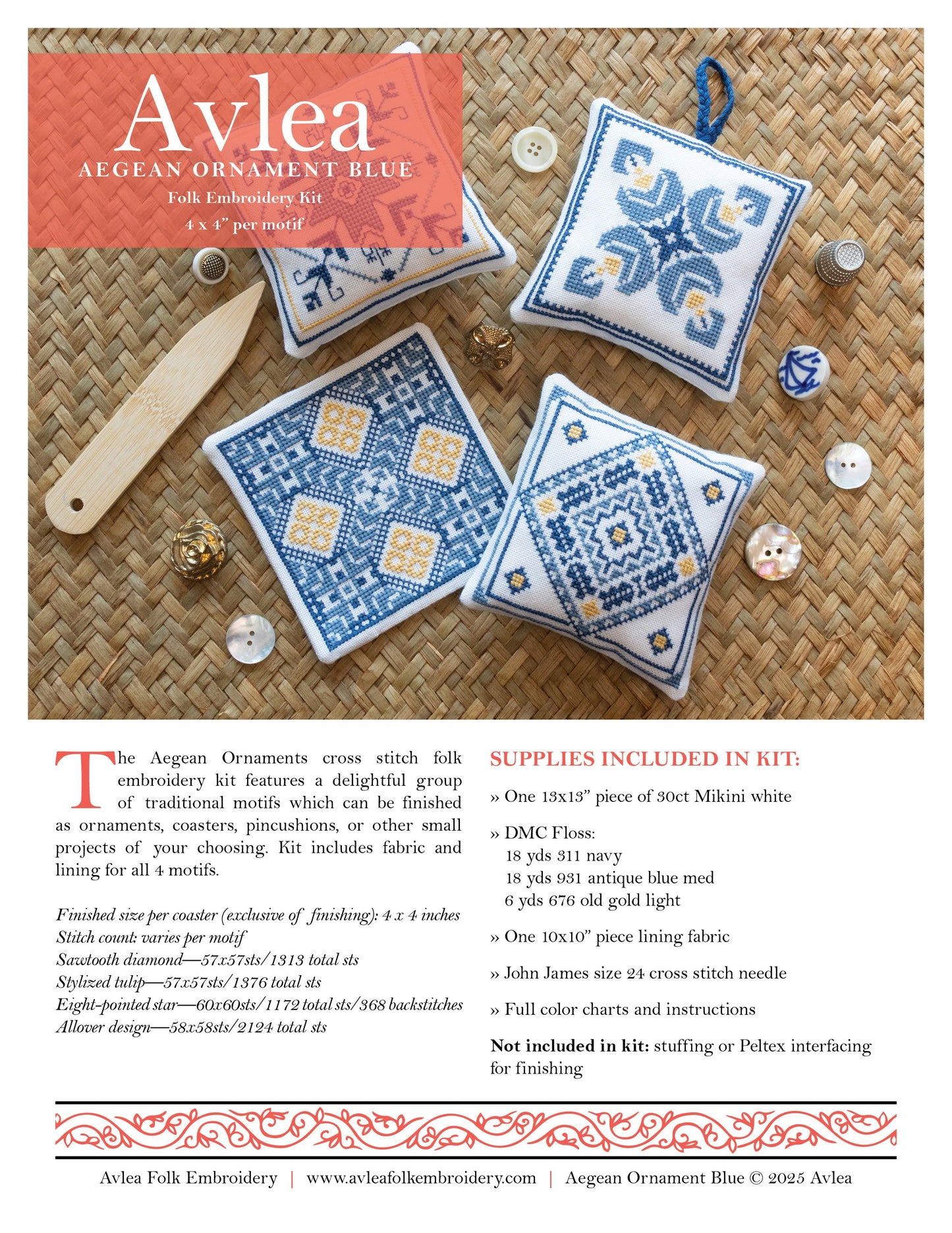 "NEW! Aegean Ornaments Blue cross stitch folk embroidery kit