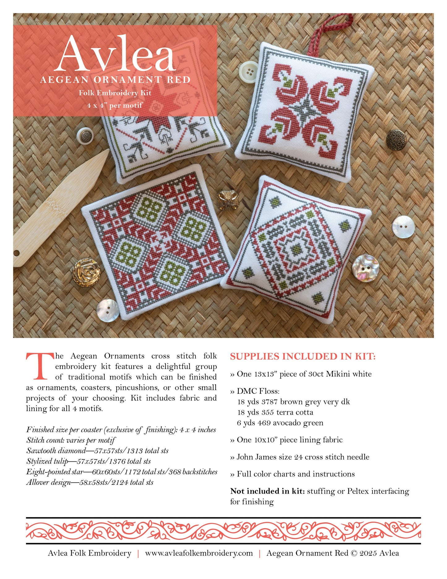 "NEW! Aegean Ornaments Red cross stitch folk embroidery kit