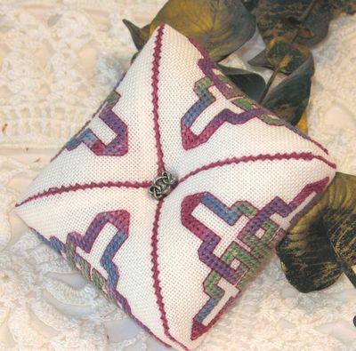 Dinky Dyes Celtic Tuffet Biscornu Cross Stitch Pattern Includes Silk Threads, Pewter Buttons