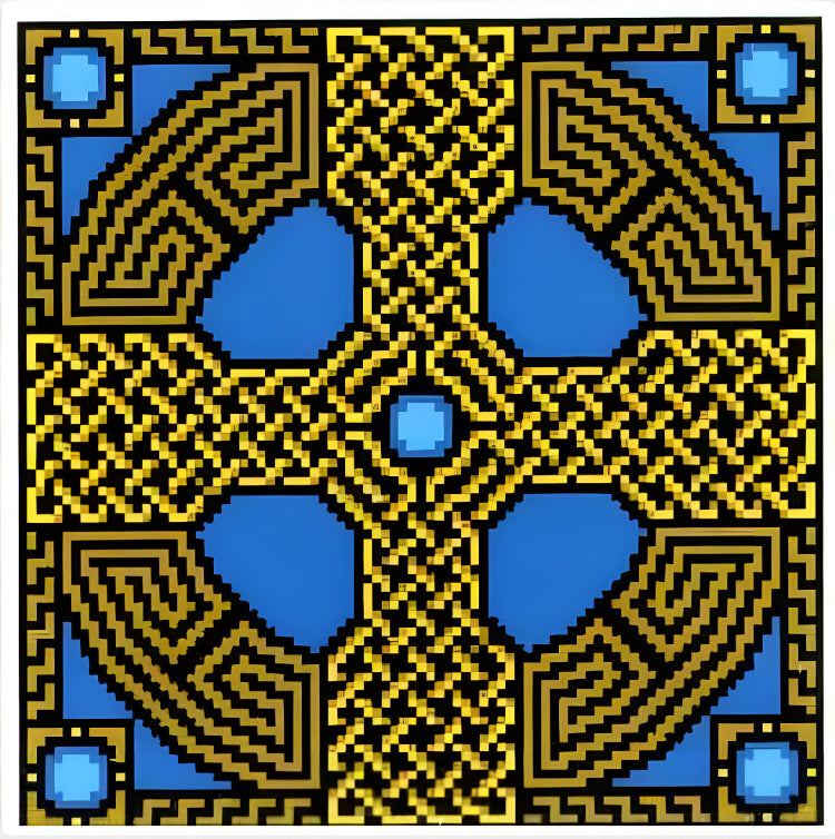 Celtic Cross Stitch Pattern with blue and yellow colors 