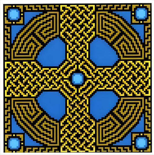 Celtic Cross Stitch Pattern with blue and yellow colors 