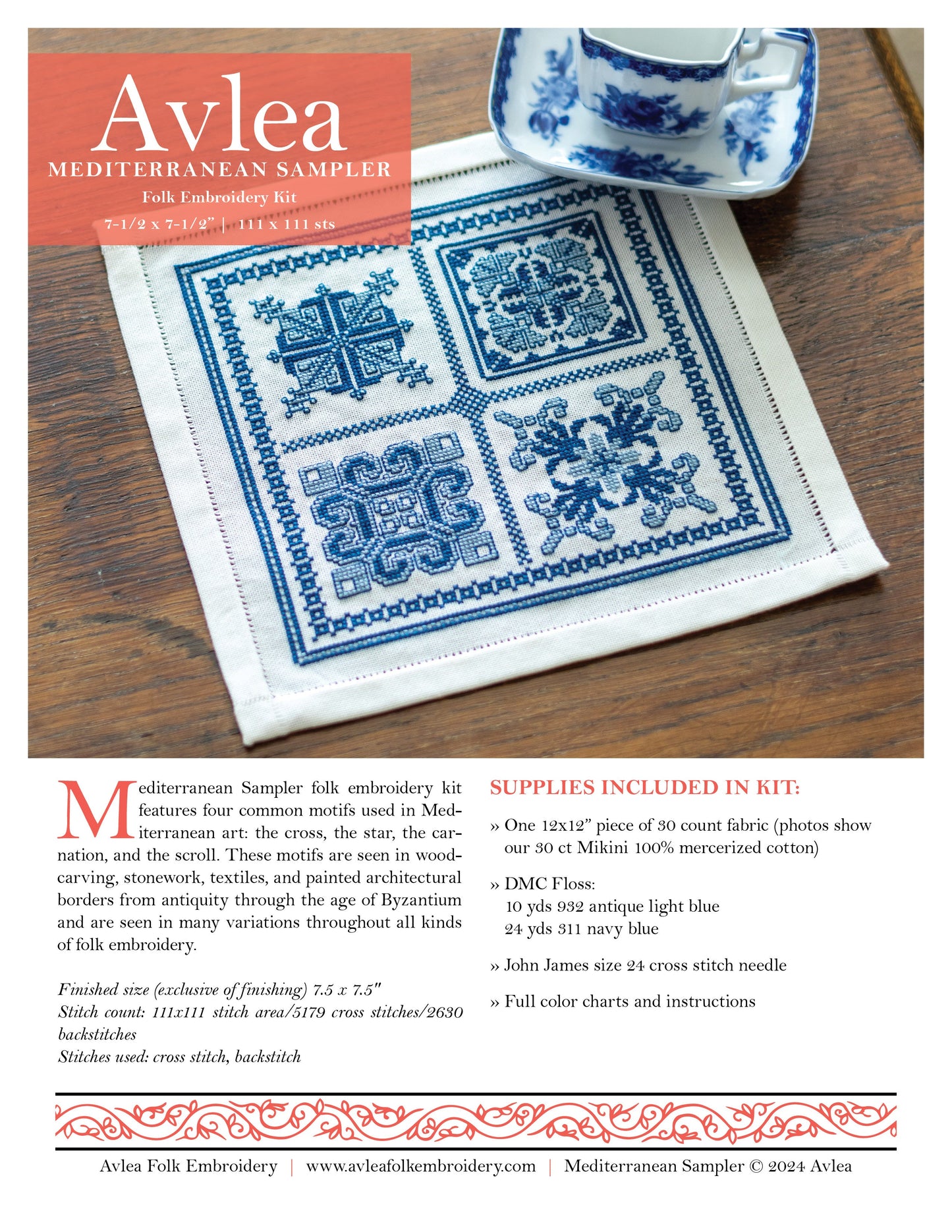 Mediterranean Sampler cross stitch folk embroidery kit