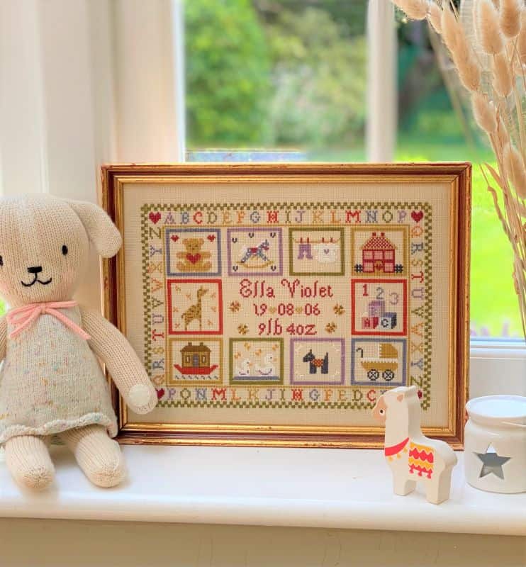 Toy Shop Patchwork Birth Sampler Cross Stitch Pattern